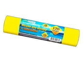 Мешки для мусора 120 л, с завязками, желтые, в рулоне 10 шт., ПНД, 15 мкм, 800х750 мм, VIP, Z12010yel в Магадане Мешки для мусора 120 л, с завязками, желтые, в рулоне 10 шт., ПНД, 15 мкм, 800х750 мм, VIP, Z12010yel в Магадане