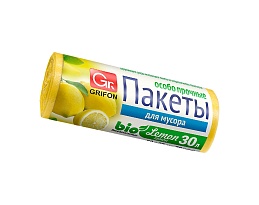Мешки для мусора 30 л, ароматизированные, Лимон, желтые, в рулоне 20 шт., ПНД, 9 мкм, 560х530 мм, GRIFON Aroma, 101-020 Li в Магадане